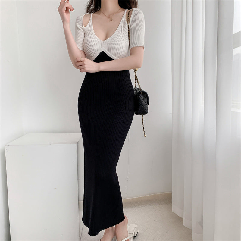 【Dress】話題沸騰中～透かし彫りロング丈タイトニットワンピース   W6980