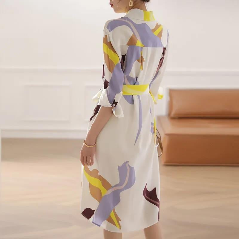 【Dress】高見え効果～ウエスト絞りプリントAライン半分袖シャツワンピース　W-6225