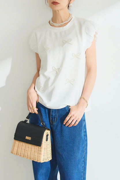 【Tops】リボンビーズTシャツ T01680