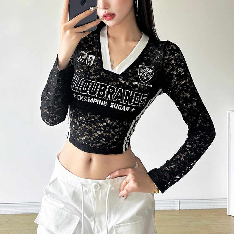【Tops】ハイウエスト透かし彫りTシャツ T01221