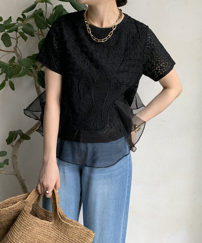 【Tops】スプライシングオーガンザTシャツ T01689