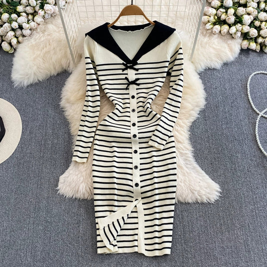 【Dress】ボーダー柄ニットワンピース     W8506
