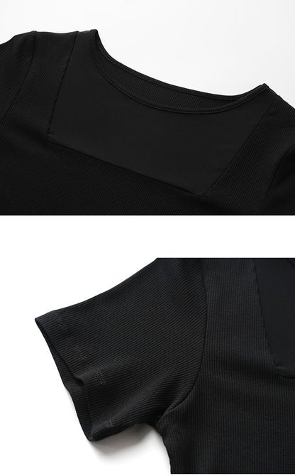 【Tops】シースルーメッシュパッチワークTシャツ T01665