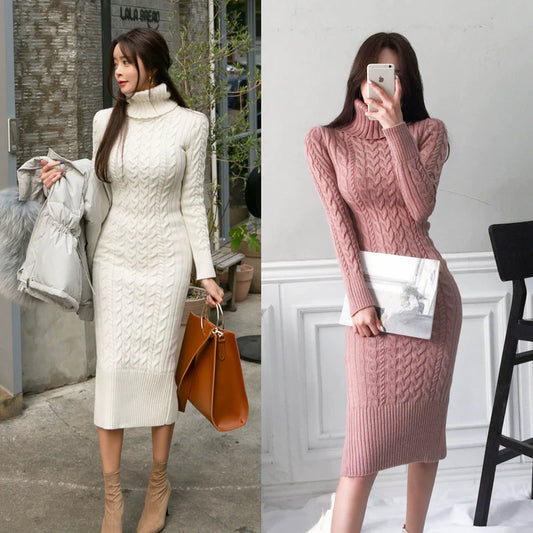 【Dress】4色展開ハイネックタイトニットワンピース     W7969