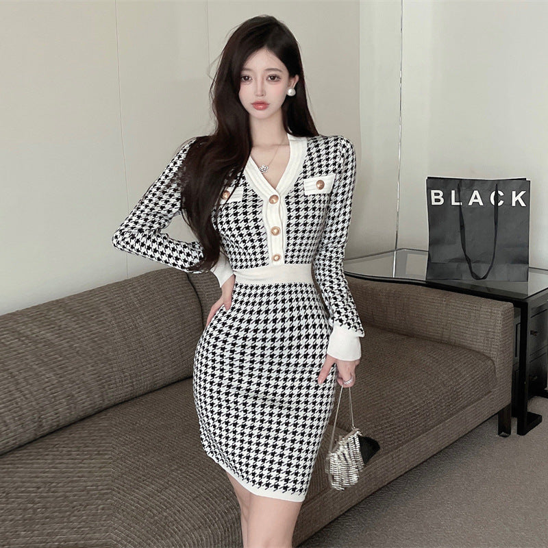 【Dress】千鳥格子ニットワンピース　Z7885