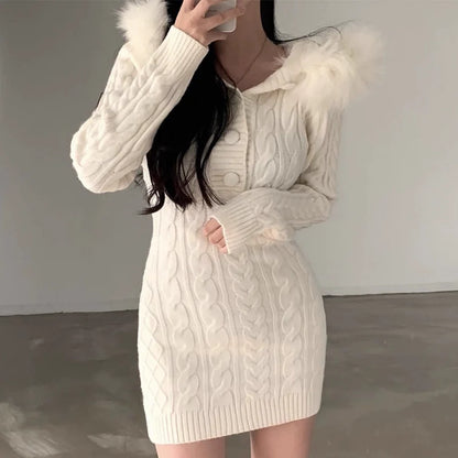 【Dress】新入荷～フード付きニットワンピース　W9276