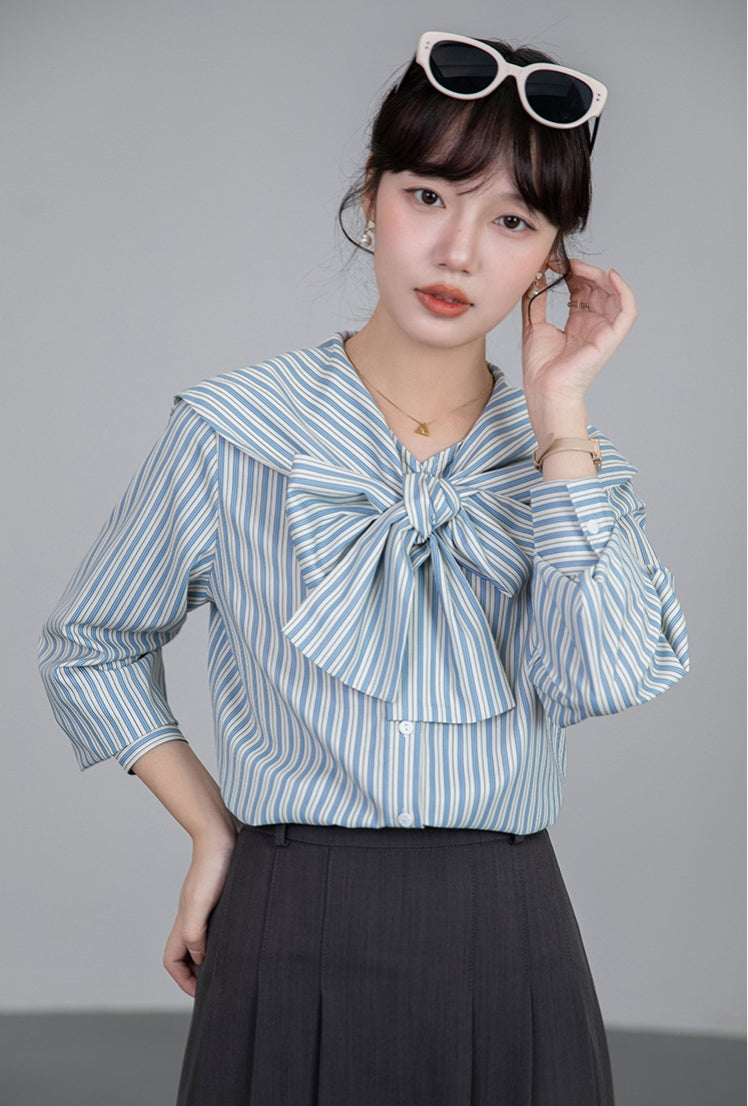 【Tops】リボンストライプシャツ T01609