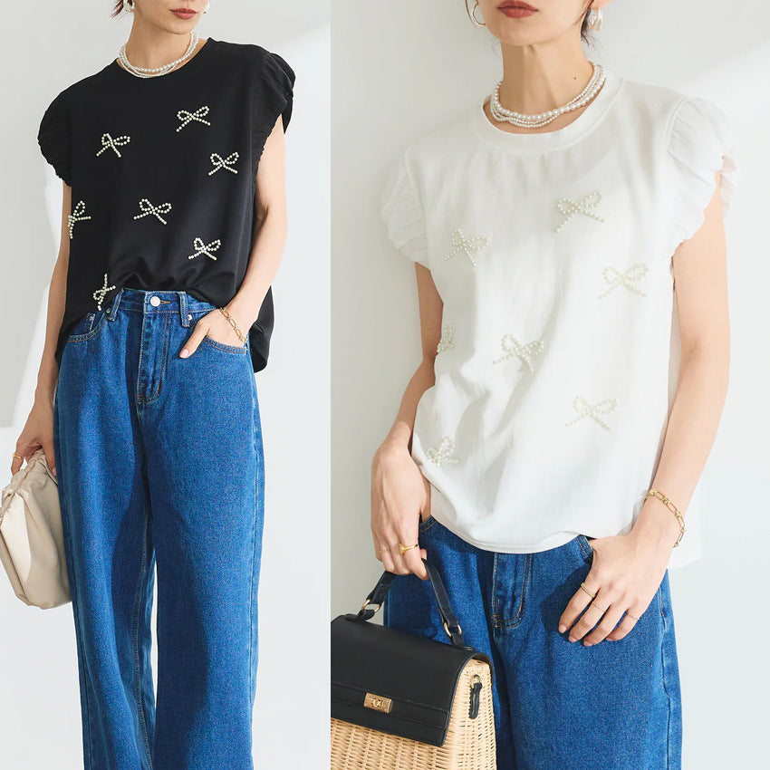 【Tops】リボンビーズTシャツ T01680