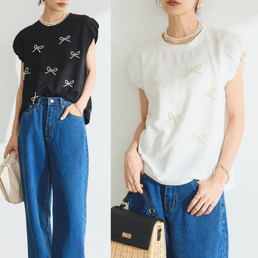 【Tops】リボンビーズTシャツ T01680