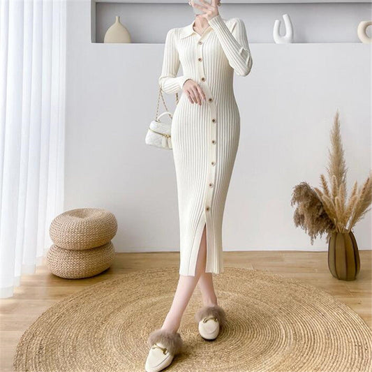 【Dress】お洒落主役～4色展開長袖ロング丈ニットワンピース　W7775