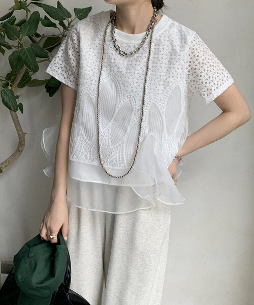 【Tops】スプライシングオーガンザTシャツ T01689