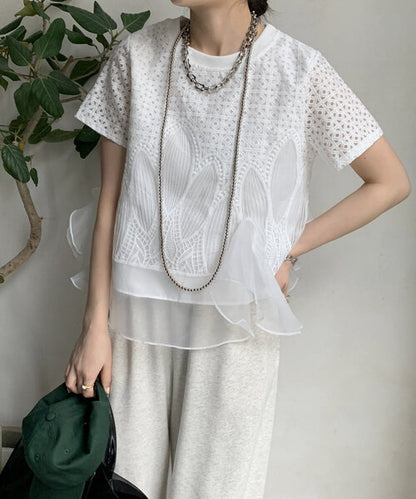 【Tops】スプライシングオーガンザTシャツ T01689