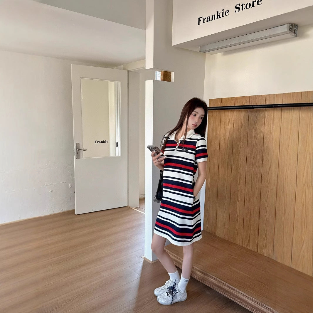 【Dress】POLOネックストライプワンピース  T01582