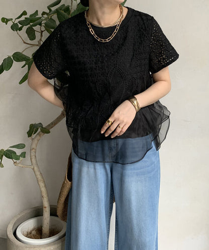 【Tops】スプライシングオーガンザTシャツ T01689