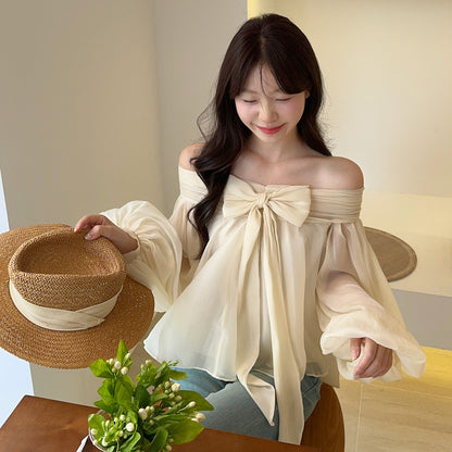 【Tops】リボン付きオフショルダーフリルシャツ T01854