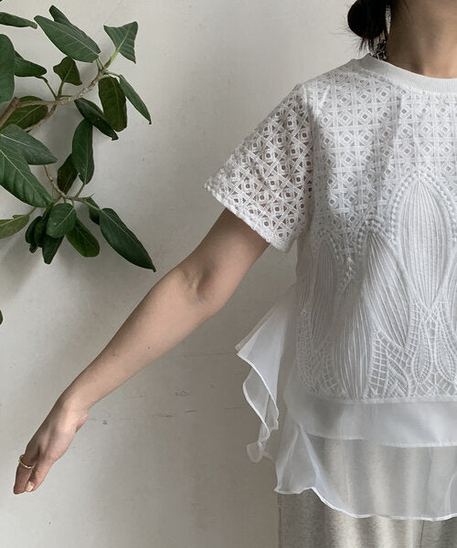 【Tops】スプライシングオーガンザTシャツ T01689