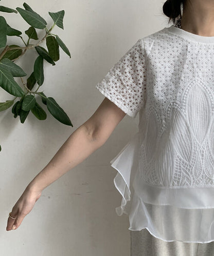 【Tops】スプライシングオーガンザTシャツ T01689