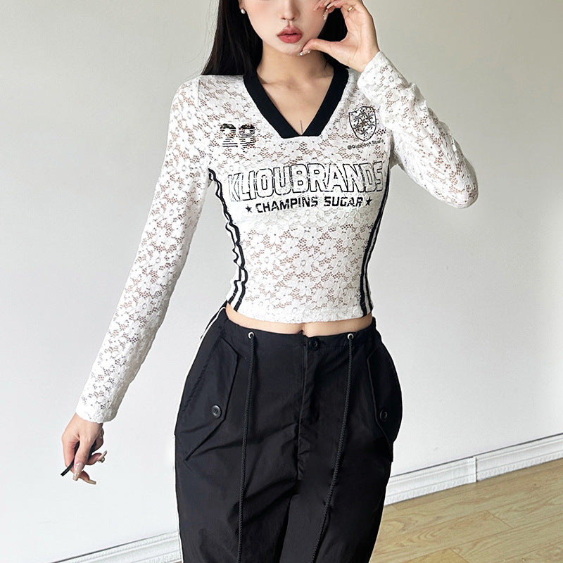 【Tops】ハイウエスト透かし彫りTシャツ T01221