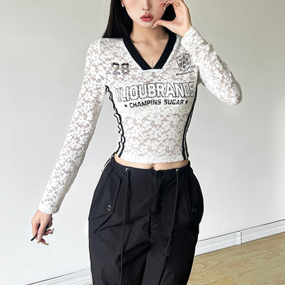 【Tops】ハイウエスト透かし彫りTシャツ T01221