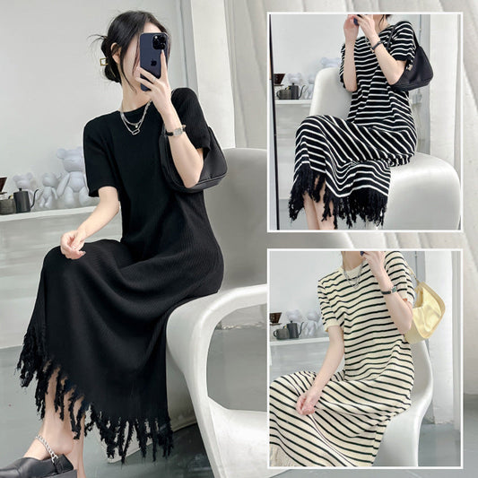 【Dress】合わせやすい3色展開～タッセル付きゆったり春夏ニットワンピース体型カバー　Z-5047