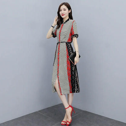 【Dress】人気爆発中～フェミニン半袖ロング丈配色薄い夏シャツワンピース   W-6129