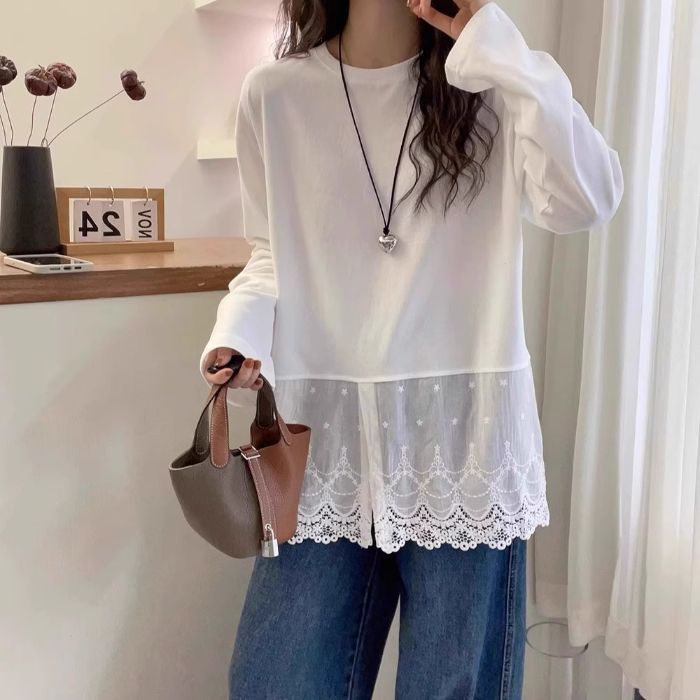 【Tops】レース切り替えTシャツ T01352