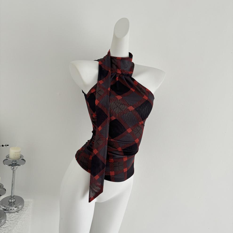 【Tops】チェック柄リボンネックホルダーベスト T01758