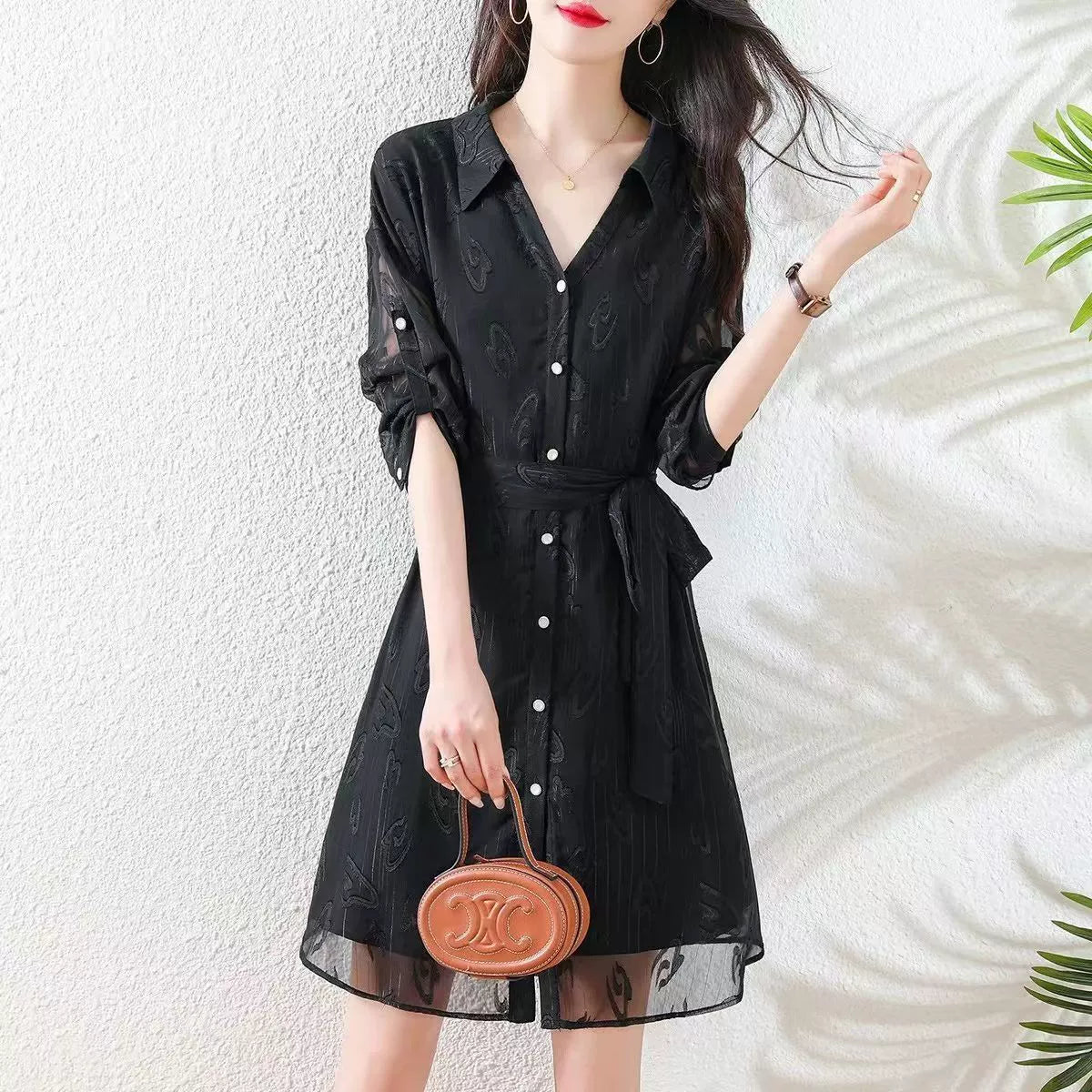 【Dress】着回し力抜群～長袖プリントシャツワンピース　 W7706