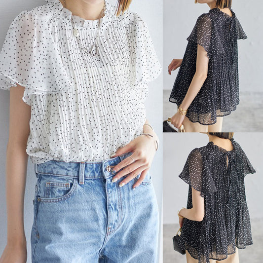 【Tops】ドット柄プリーツシフォンシャツ T01692