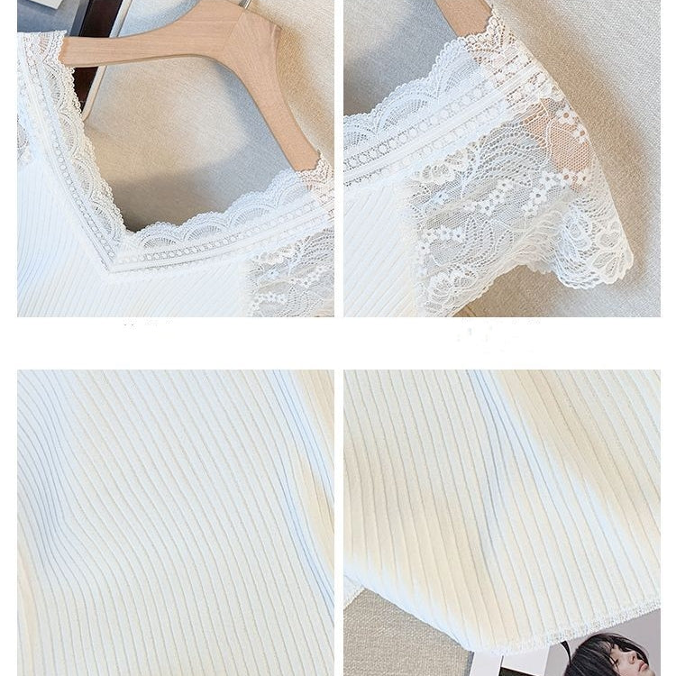 【Tops】レース切り替えニットTシャツ T01852