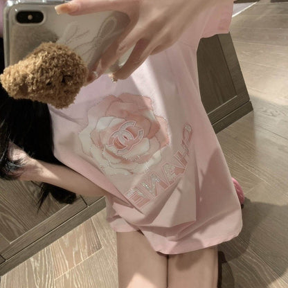 【Tops】キラキラ花柄Tシャツ T01625