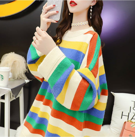 【tops】絶対欲しいセーターゆったり2色ストライプ柄カラーマッチング