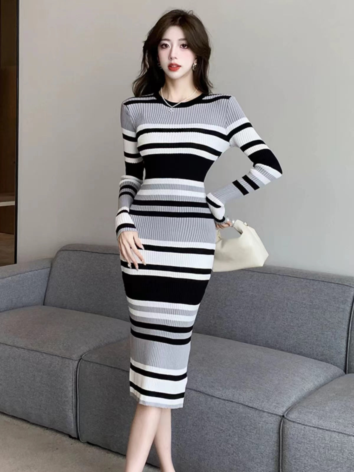 【Dress】ボーダー柄ニットワンピース　W14278