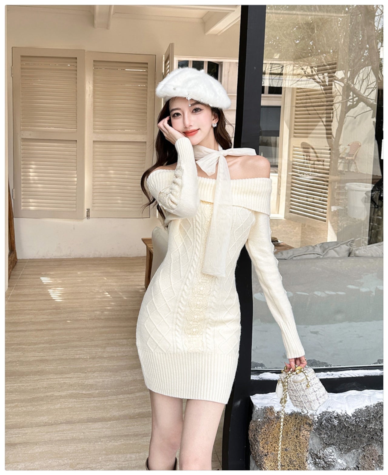 【Dress】リボンオフショルニットワンピース　W14595