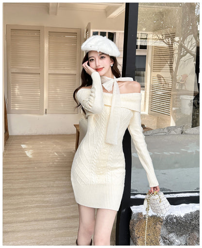 【Dress】リボンオフショルニットワンピース　W14595