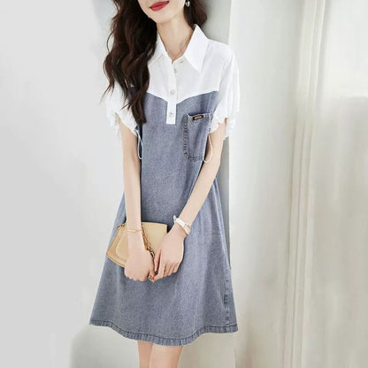 【Dress】大人カジュアル～半袖デニム切り替えシャツワンピース   W7708