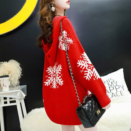 【tops】秋新作おすすめフード雪プリントセーター2色