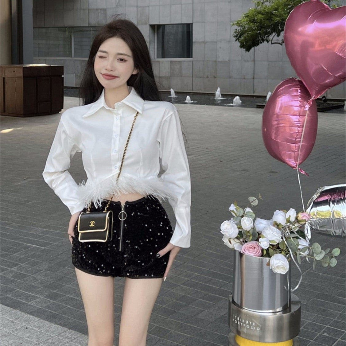 【Tops】ファーデザインシャツ　Ｗ13476