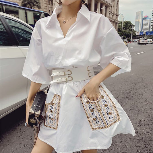 【dress】美人度アップ!韓国系ファッション洋気ルーズ7分袖Aライン