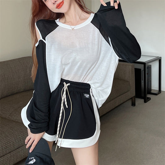【Set】配色2点セットＴシャツ+ショートパンツ　Ｗ13232