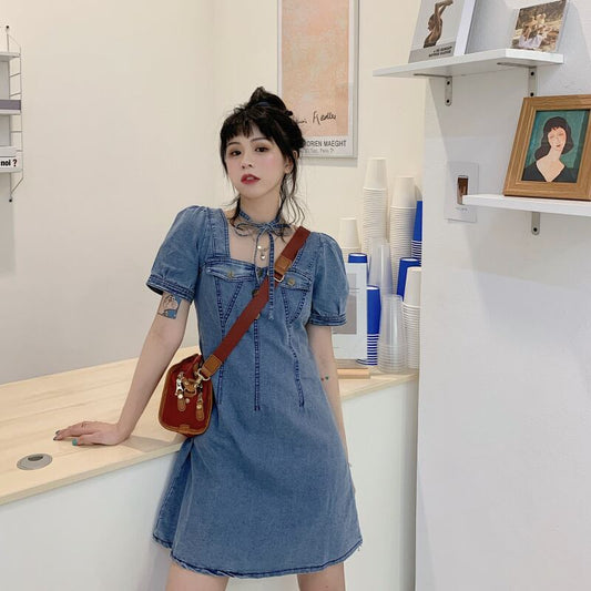 【dress】美人度アップ韓国系キャンパススクエアネックパフスリーブ気質デニムスカート
