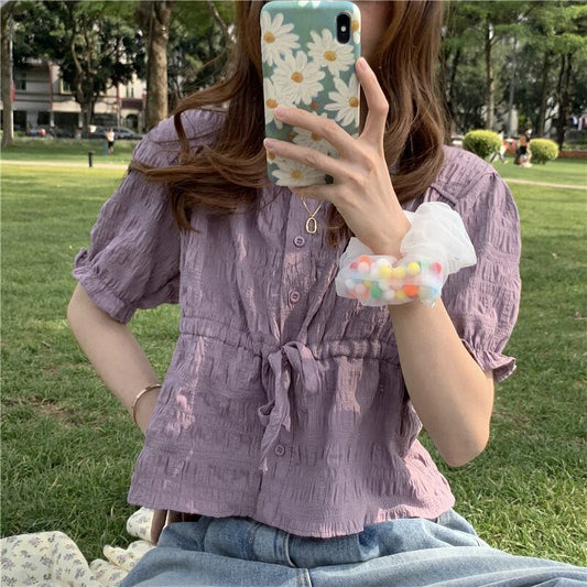 【tops】美人度アップ!韓国系スウィートルーズラウンドネックパフスリーブシャツ