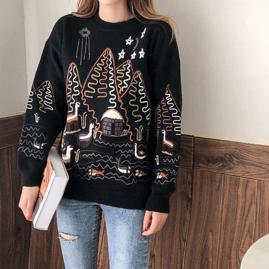 【tops】大人可愛い刺繍丸首セーター切り替えゆったり2色