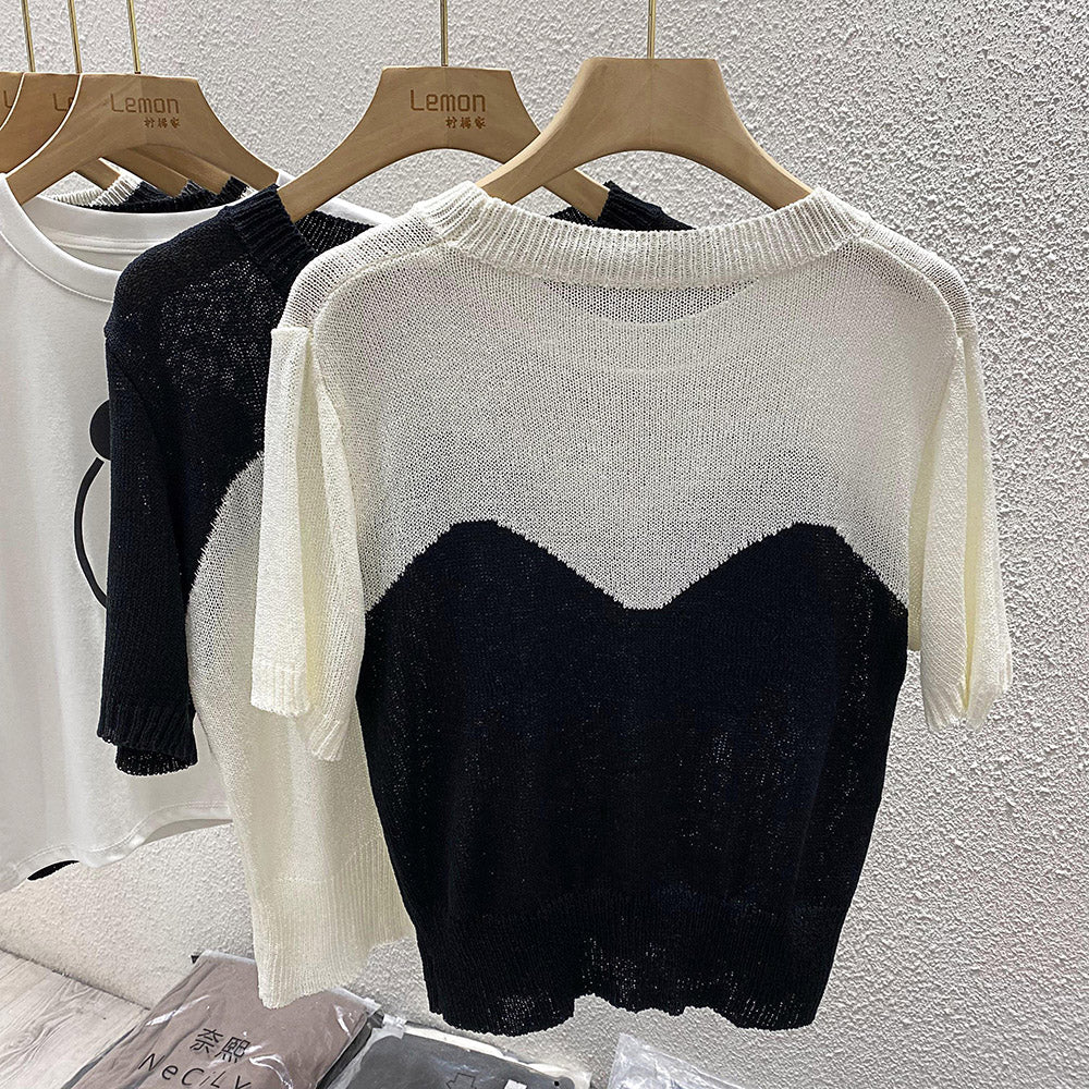 【Tops】配色ニットＴシャツ　Ｗ12342