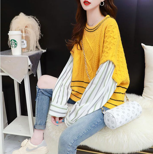 【tops】好感度UPスウィートラウンドネックシャツ切り替えセーター4色