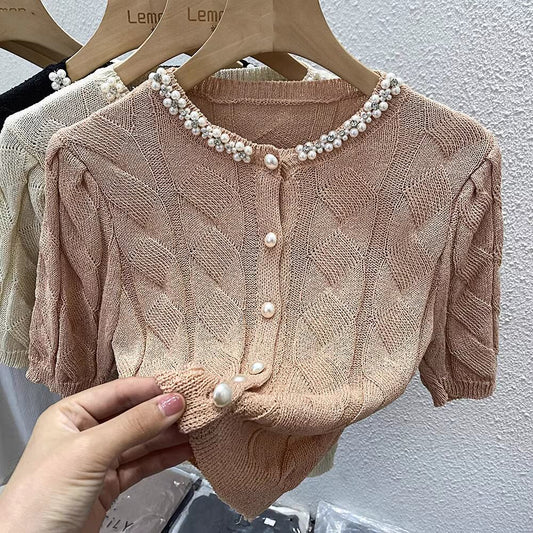 【outer】半袖パールニットカーデ　M21875