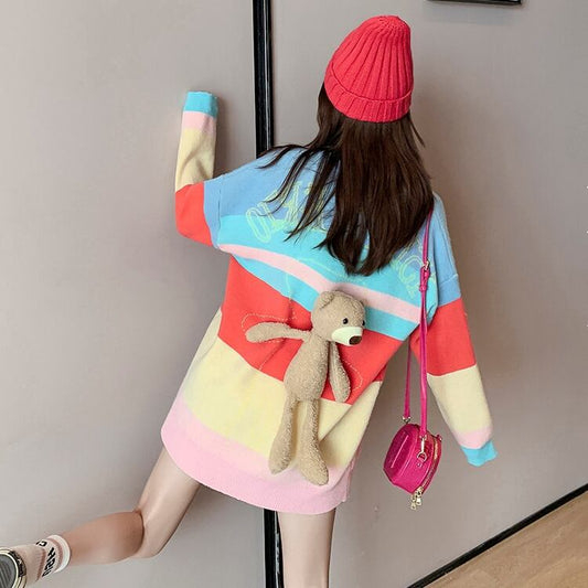 【tops】元気いっぱい大人可愛いくま切り替えストライプ柄セーター2色