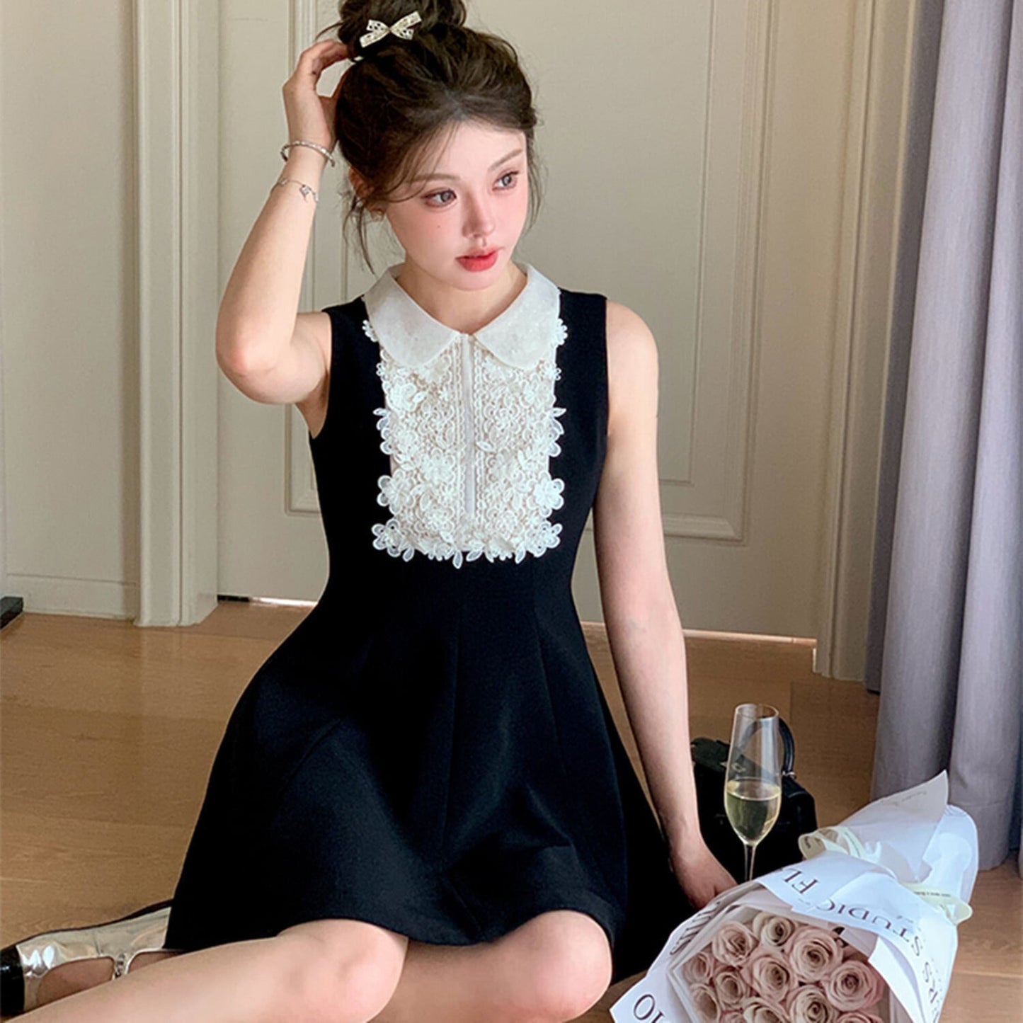 【Dress】レースドッキングノースリーブミニワンピース　N2997