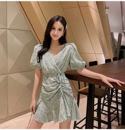 【dress】美人度アップスウィート気質Vネックフリル花柄スカート