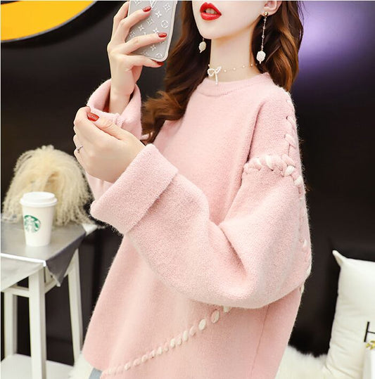 【tops】森ガール織りデザイン2色セーターラウンドネック